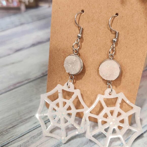 Glittery Spiderweb Halloween Earrings with White Druzy Accent – Handmade Resin J - Picture 2 of 2